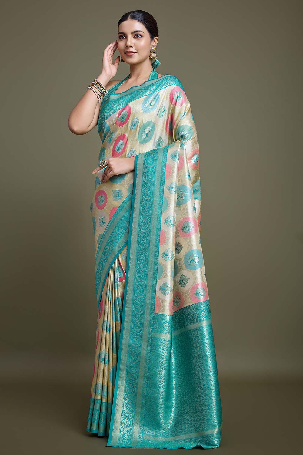 Turquoise And Cream Banarasi Silk Saree