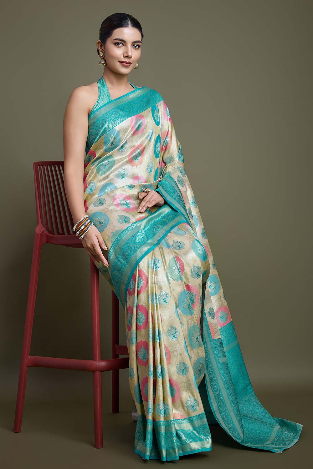 Turquoise And Cream Banarasi Silk Saree