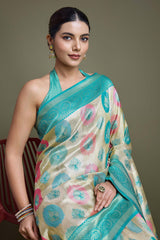 Turquoise And Cream Banarasi Silk Saree