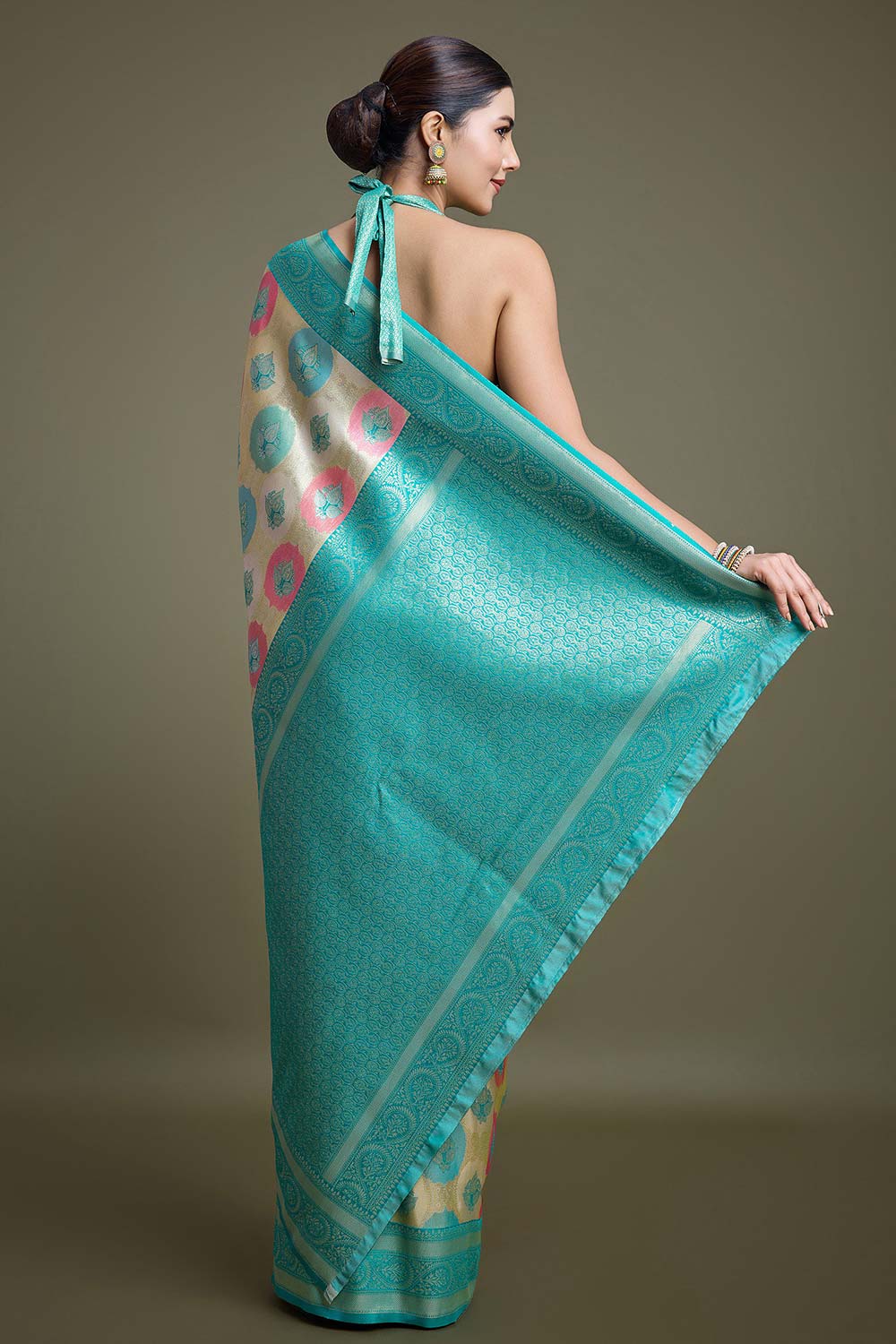 Turquoise And Cream Banarasi Silk Saree