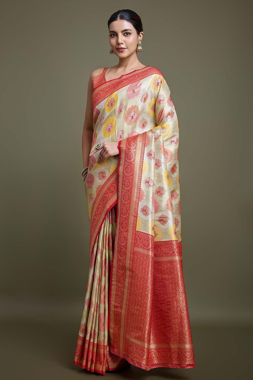 Red And Cream Banarasi Silk Saree