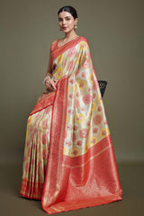 Red And Cream Banarasi Silk Saree