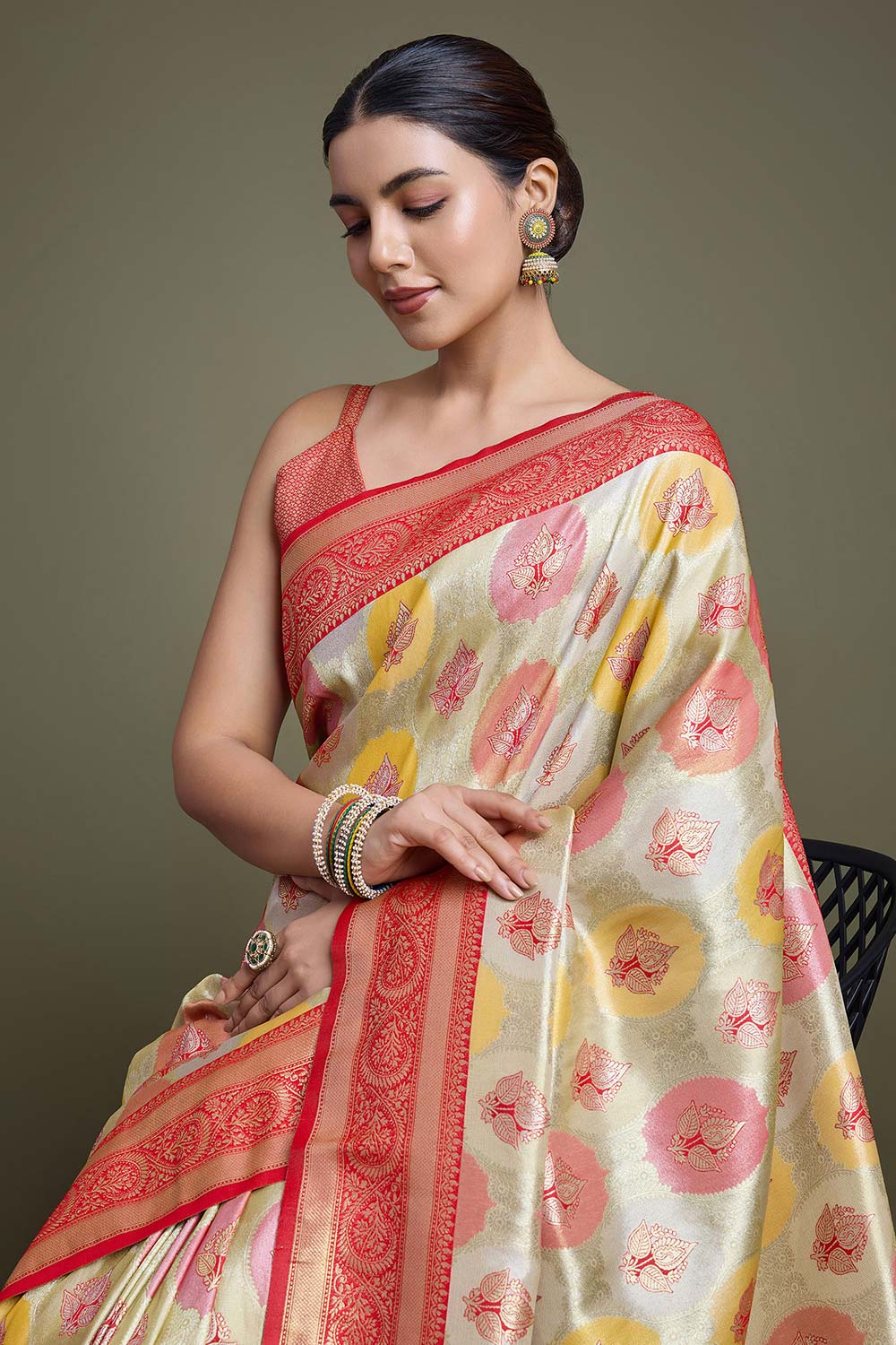 Red And Cream Banarasi Silk Saree