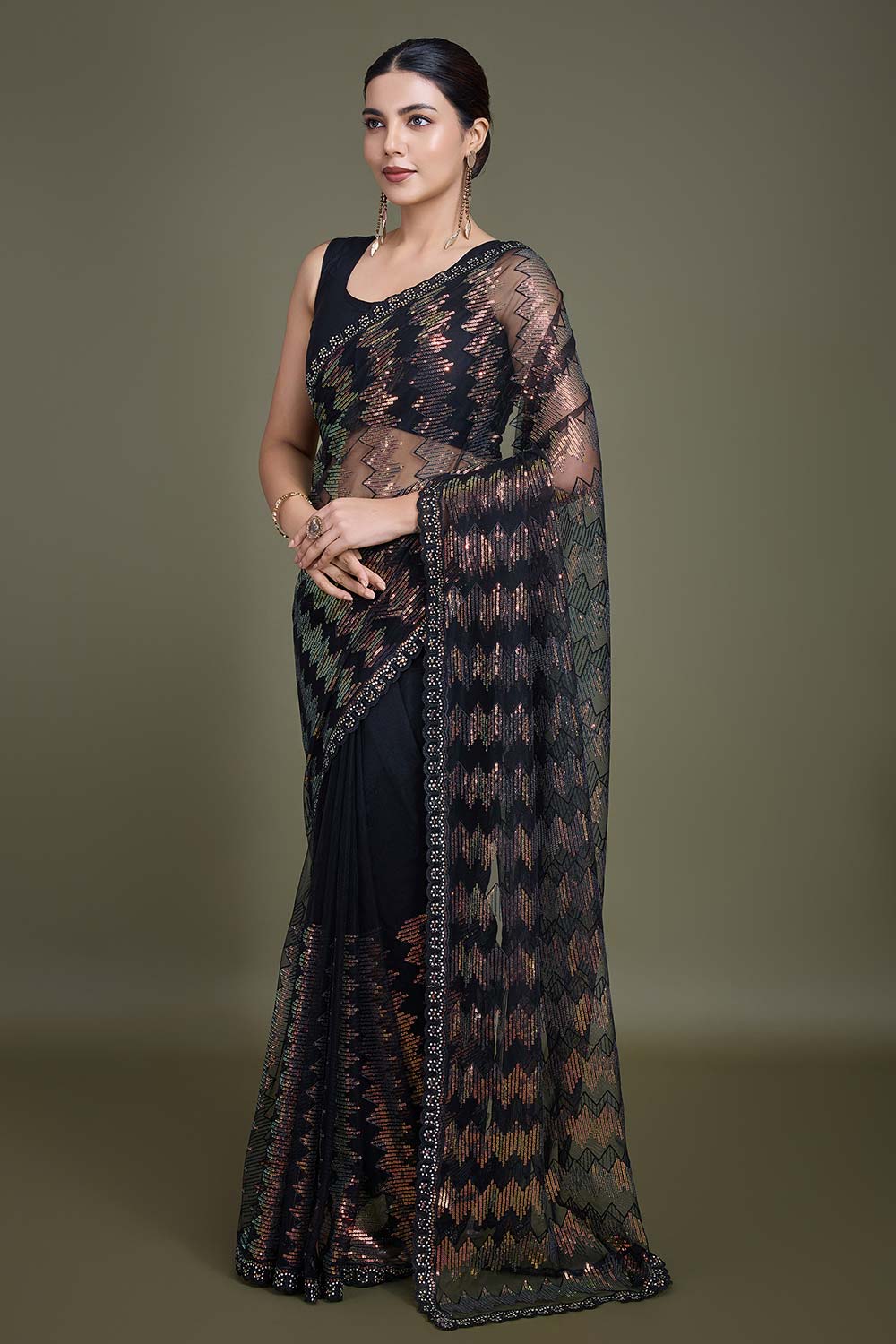 Sparkling Sequin Black Color Net Saree