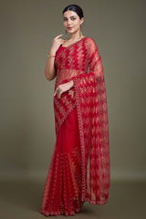 Sparkling Sequin Red Color Net Saree