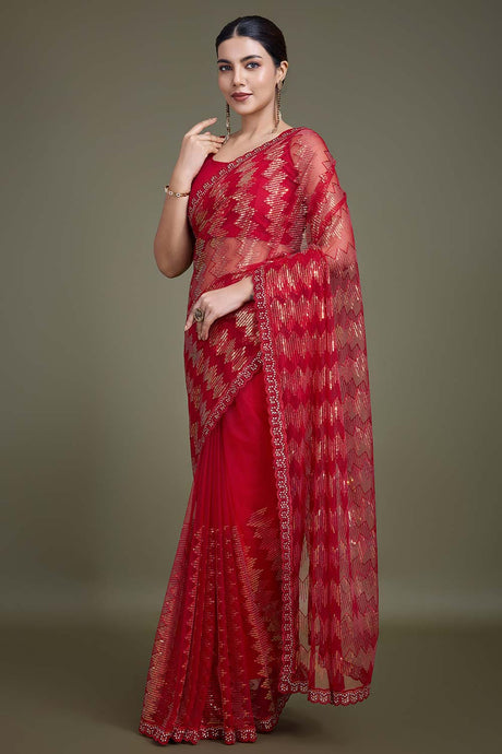 Sparkling Sequin Red Color Net Saree