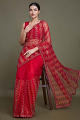 Sparkling Sequin Red Color Net Saree