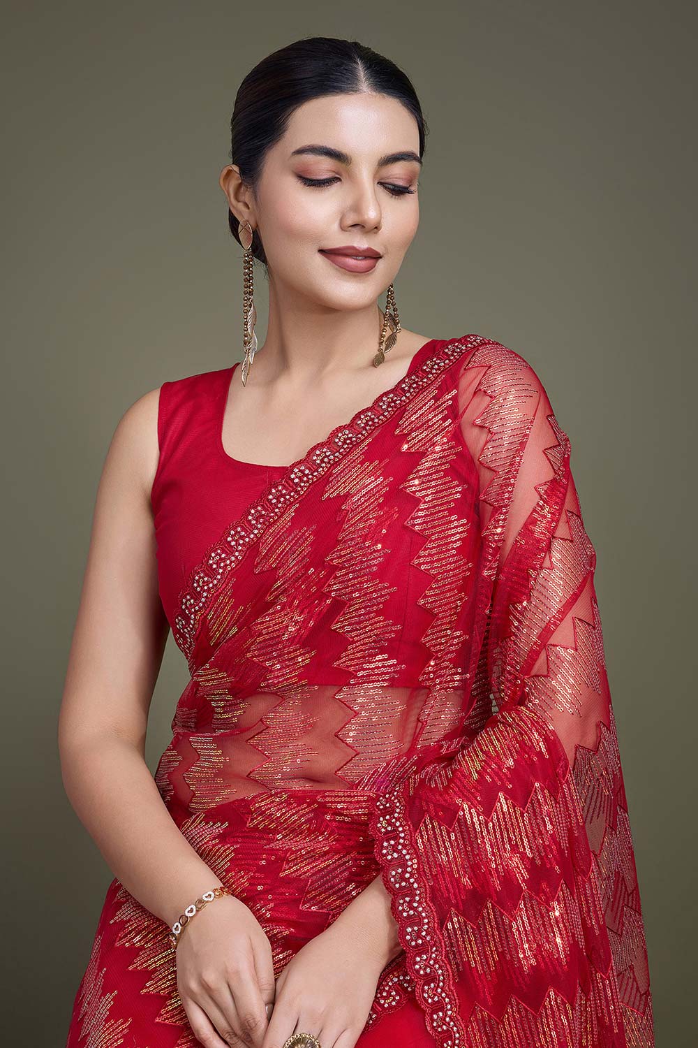 Sparkling Sequin Red Color Net Saree