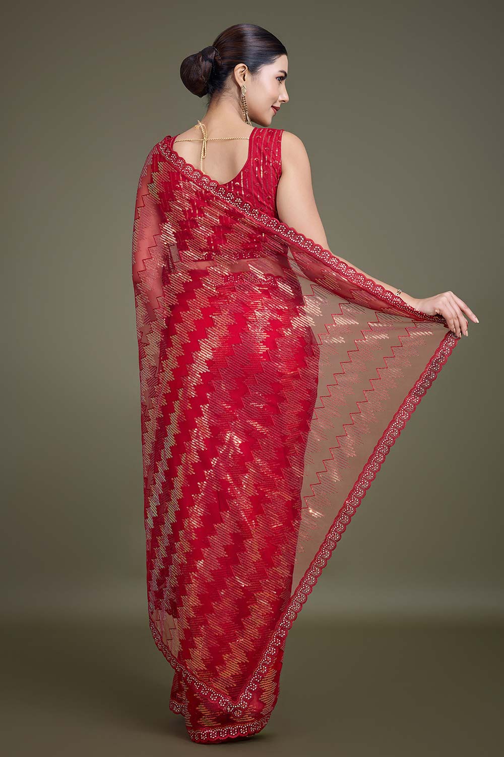 Sparkling Sequin Red Color Net Saree