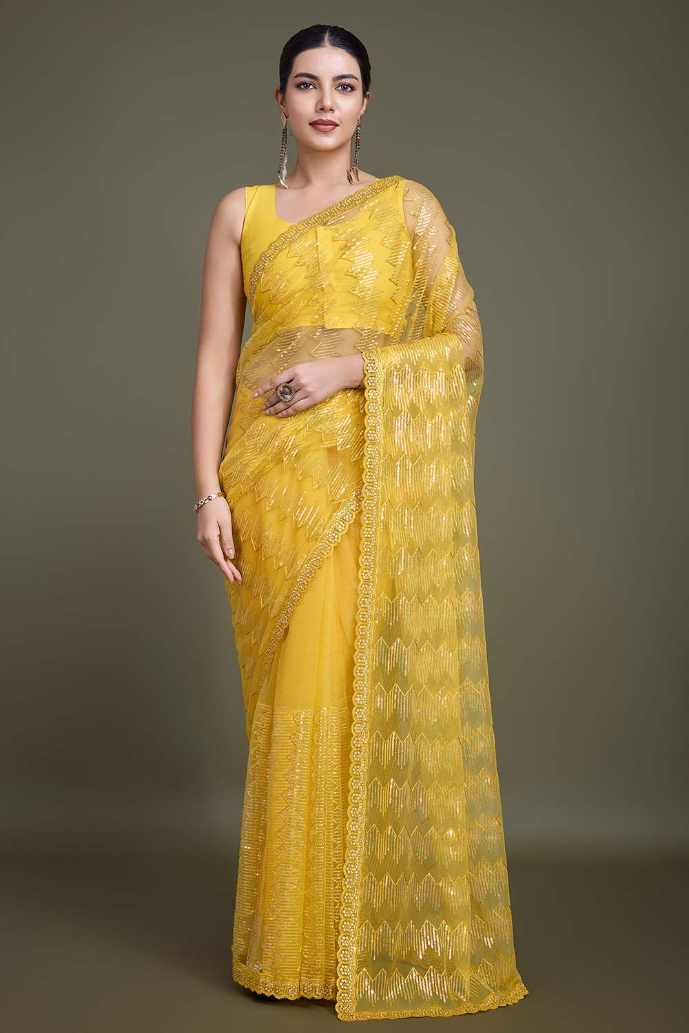 Sparkling Sequin Yellow Color Net Saree