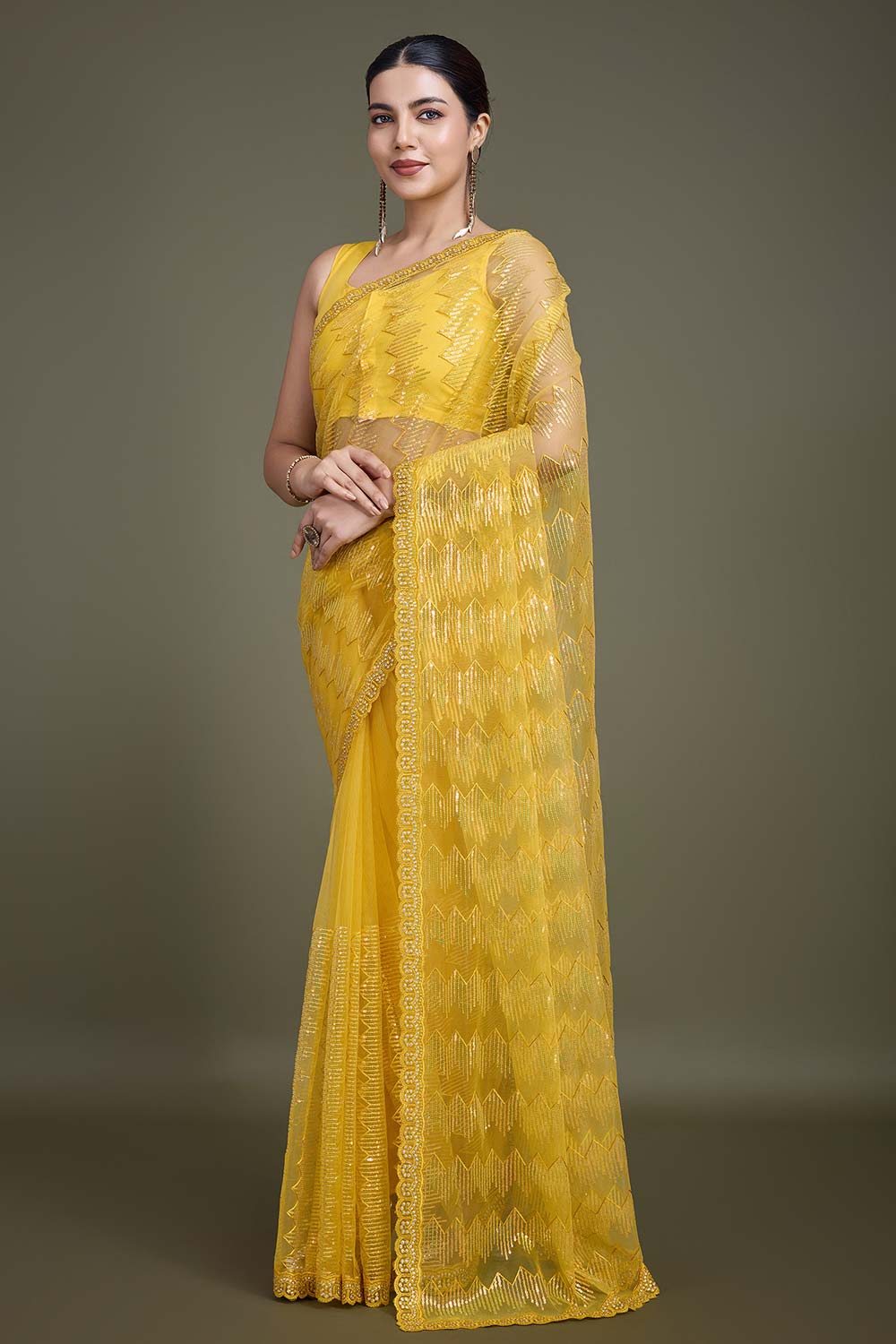 Sparkling Sequin Yellow Color Net Saree