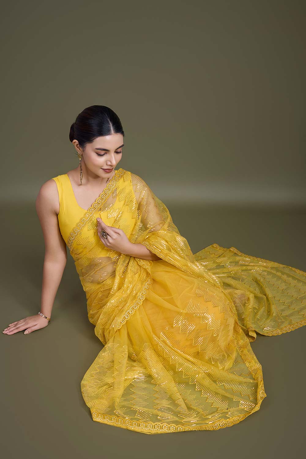 Sparkling Sequin Yellow Color Net Saree