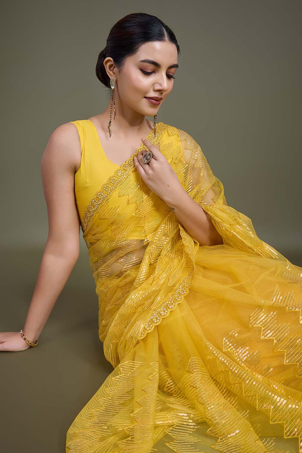 Sparkling Sequin Yellow Color Net Saree