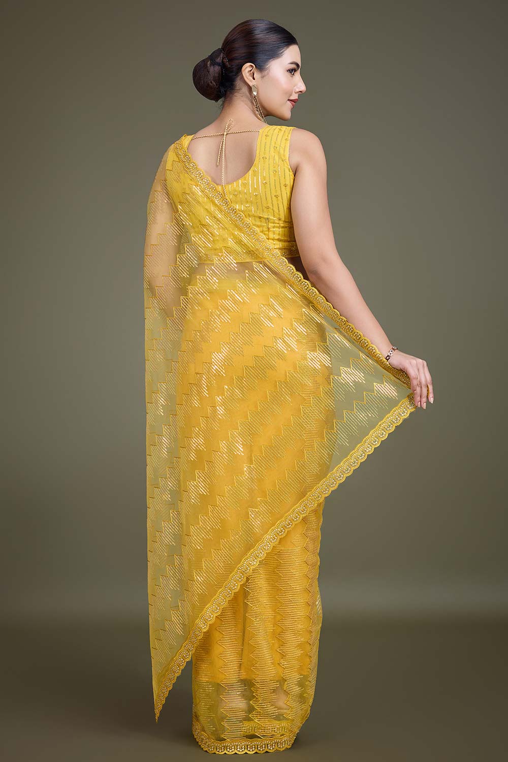 Sparkling Sequin Yellow Color Net Saree