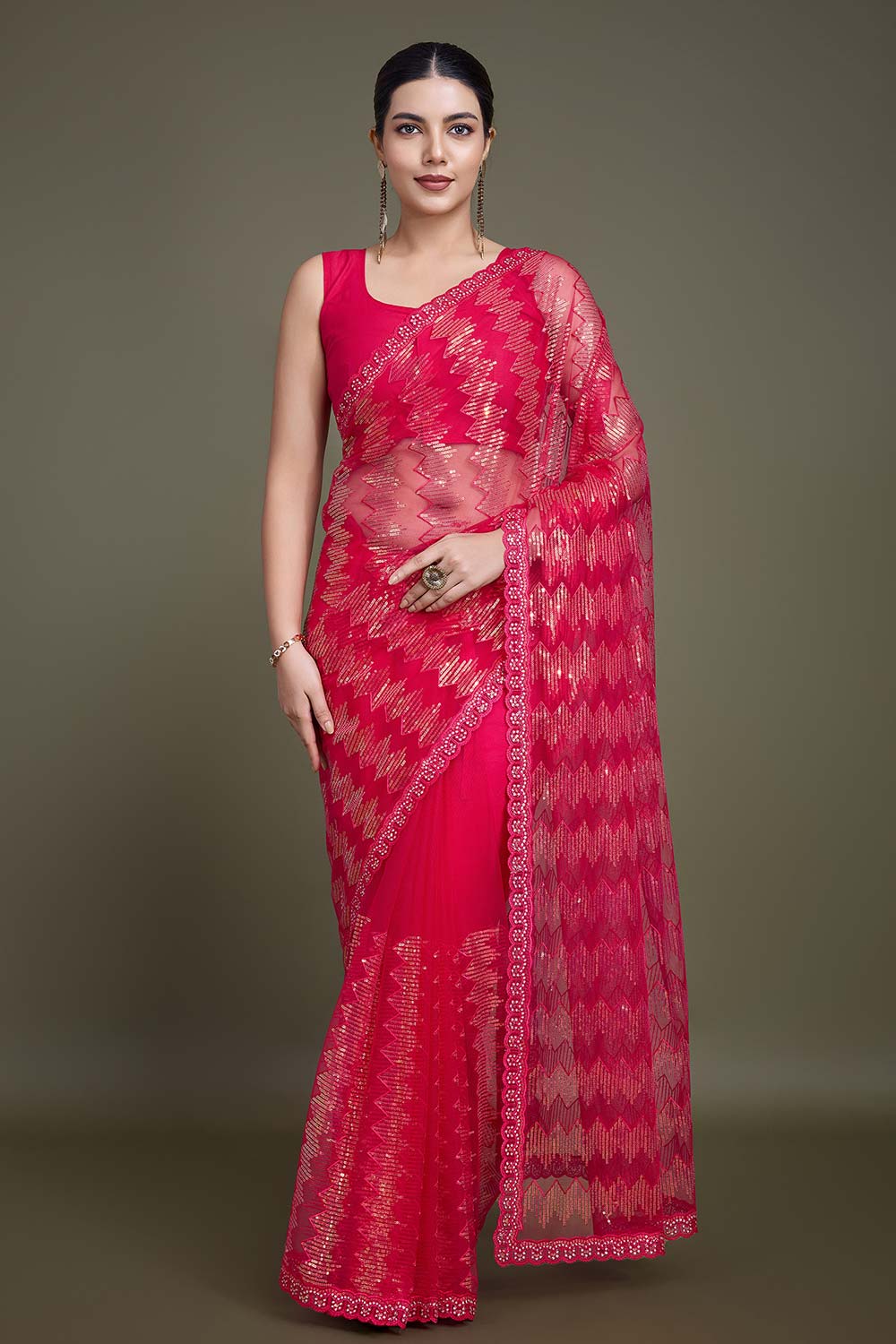 Sparkling Sequin Dark Pink Color Net Saree