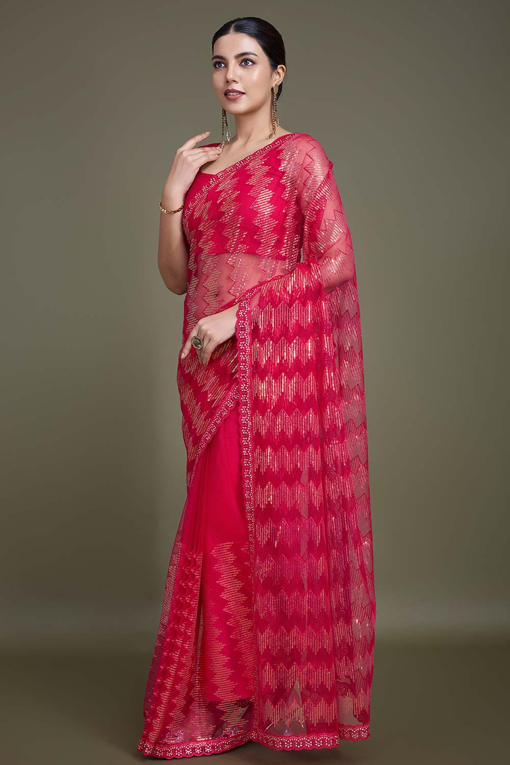 Sparkling Sequin Dark Pink Color Net Saree