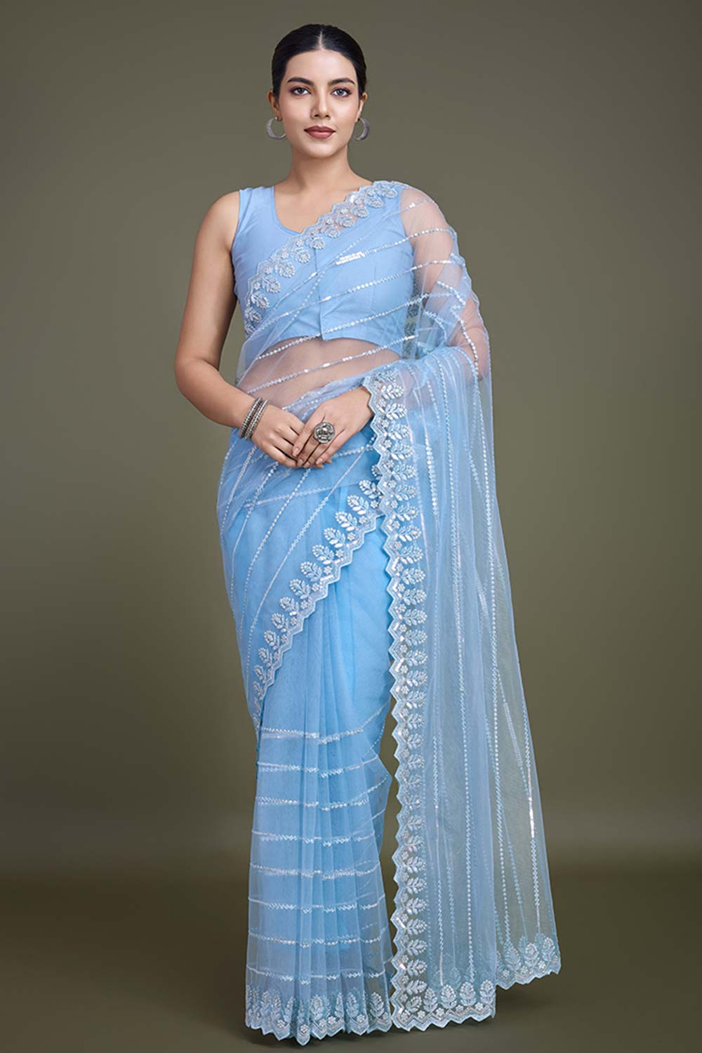 Glamorous Sky Blue Sequin Work Soft Net Saree With Unstitched Blouse Piece