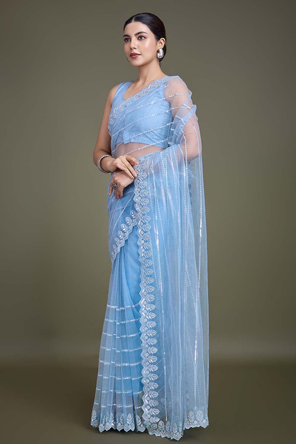 Glamorous Sky Blue Sequin Work Soft Net Saree With Unstitched Blouse Piece