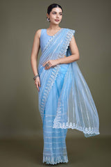 Glamorous Sky Blue Sequin Work Soft Net Saree With Unstitched Blouse Piece