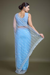 Glamorous Sky Blue Sequin Work Soft Net Saree With Unstitched Blouse Piece