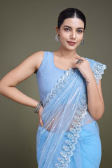 Glamorous Sky Blue Sequin Work Soft Net Saree With Unstitched Blouse Piece