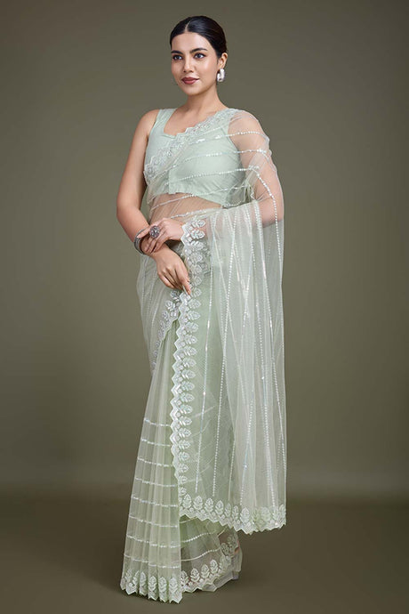 Glamorous Light Green Sequin Work Soft Net Saree With Unstitched Blouse Piece