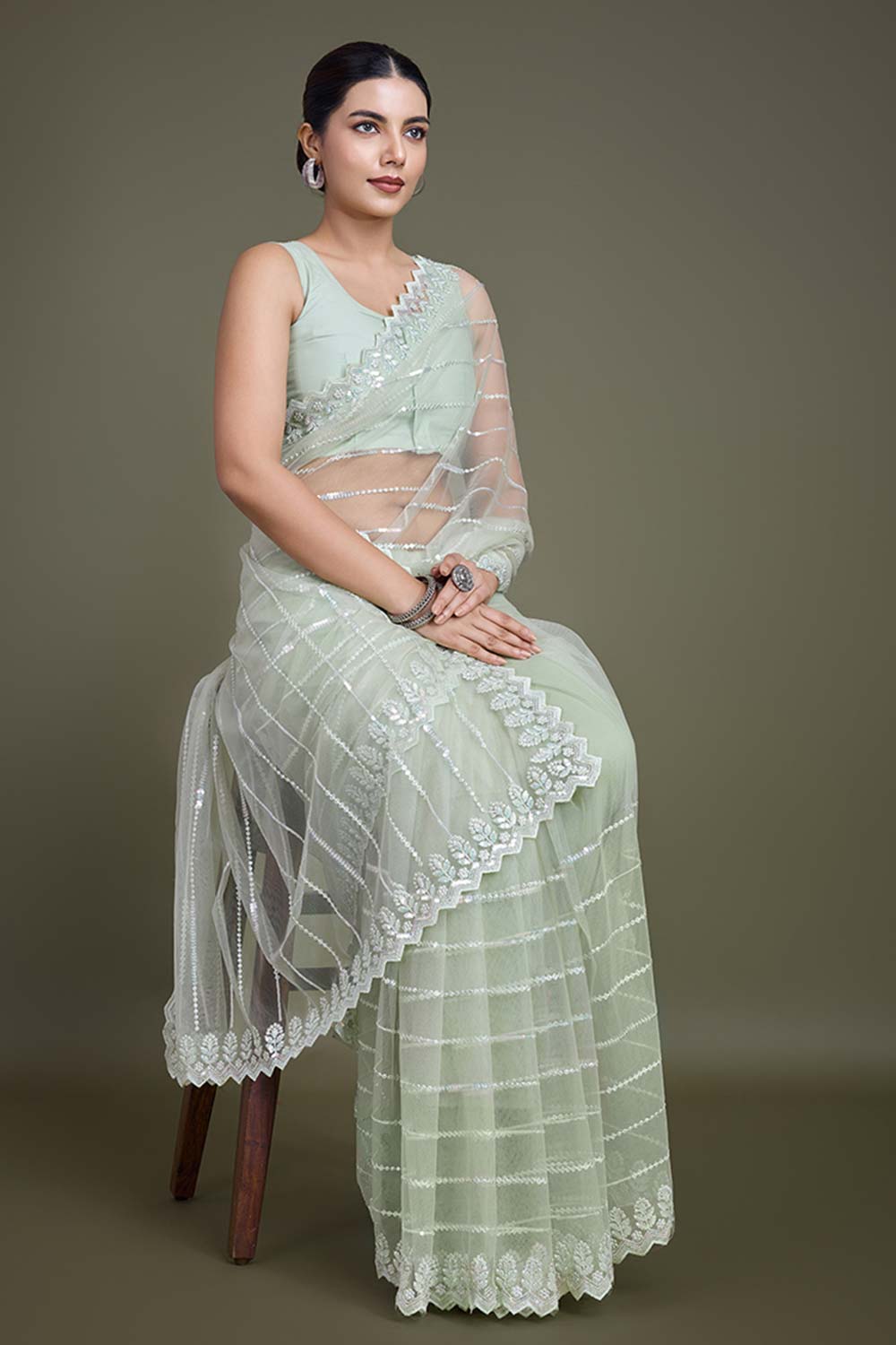 Glamorous Light Green Sequin Work Soft Net Saree With Unstitched Blouse Piece