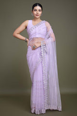 Glamorous Lavender Sequin Work Soft Net Saree With Unstitched Blouse Piece