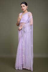 Glamorous Lavender Sequin Work Soft Net Saree With Unstitched Blouse Piece