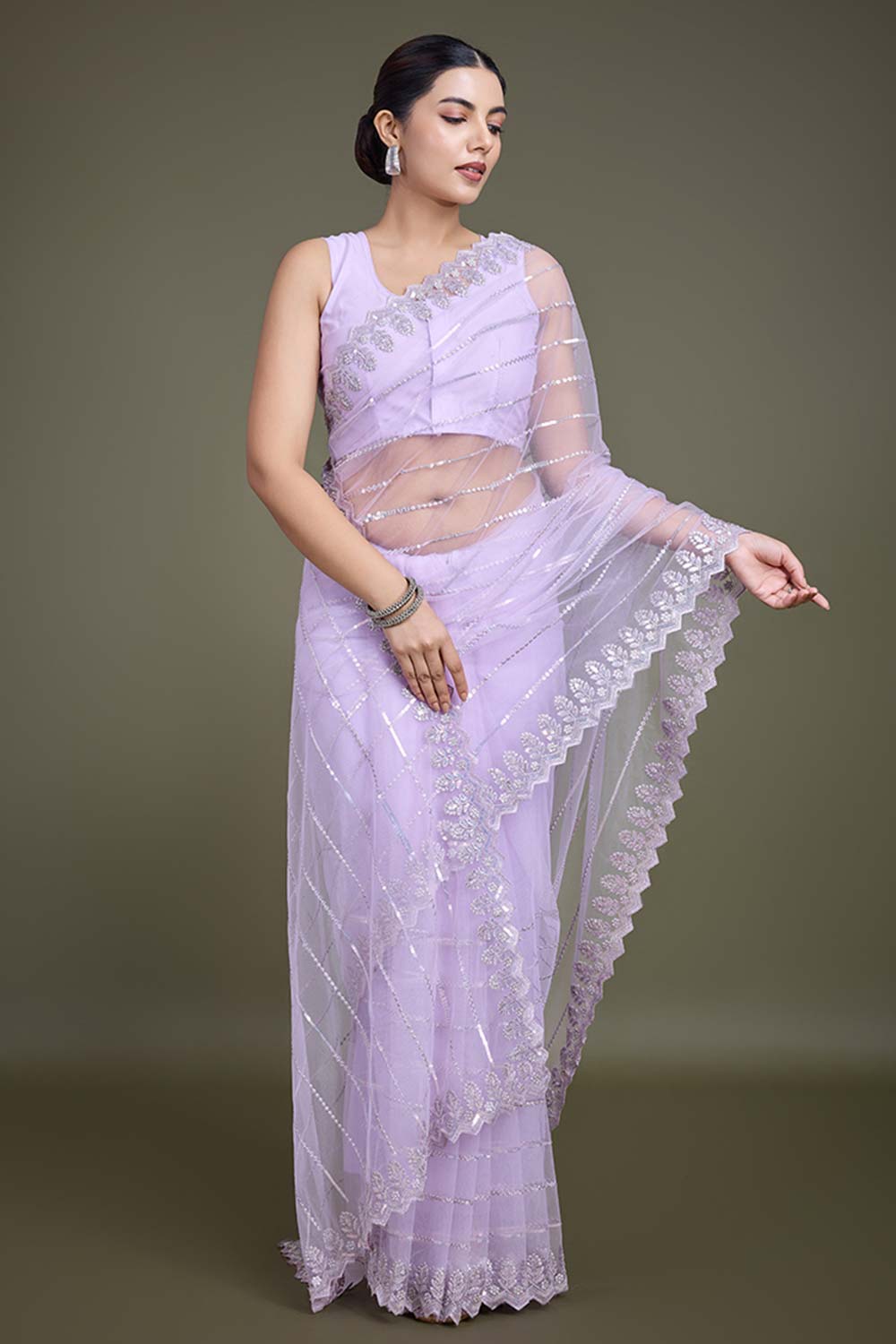 Glamorous Lavender Sequin Work Soft Net Saree With Unstitched Blouse Piece