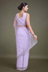 Glamorous Lavender Sequin Work Soft Net Saree With Unstitched Blouse Piece