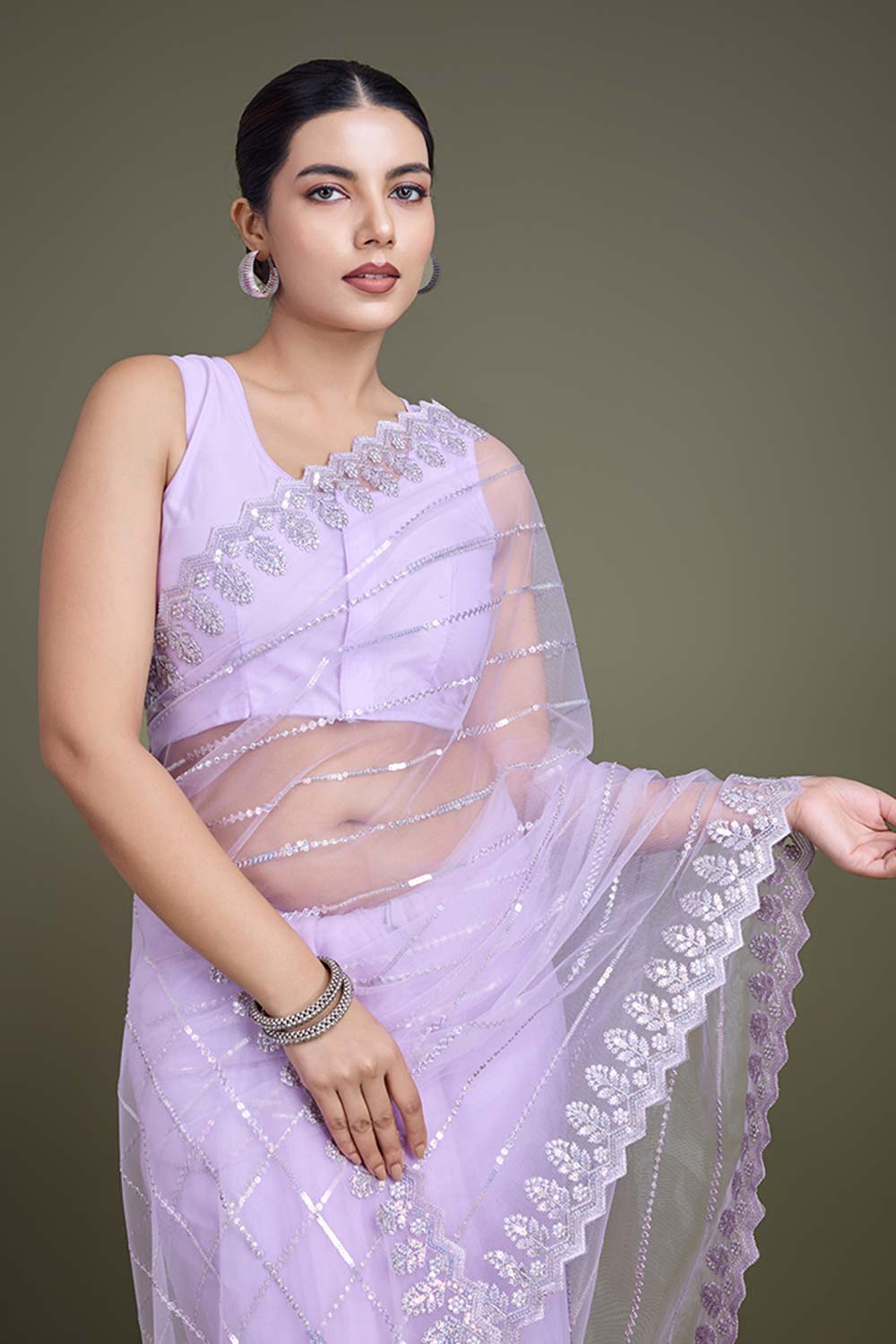 Glamorous Lavender Sequin Work Soft Net Saree With Unstitched Blouse Piece