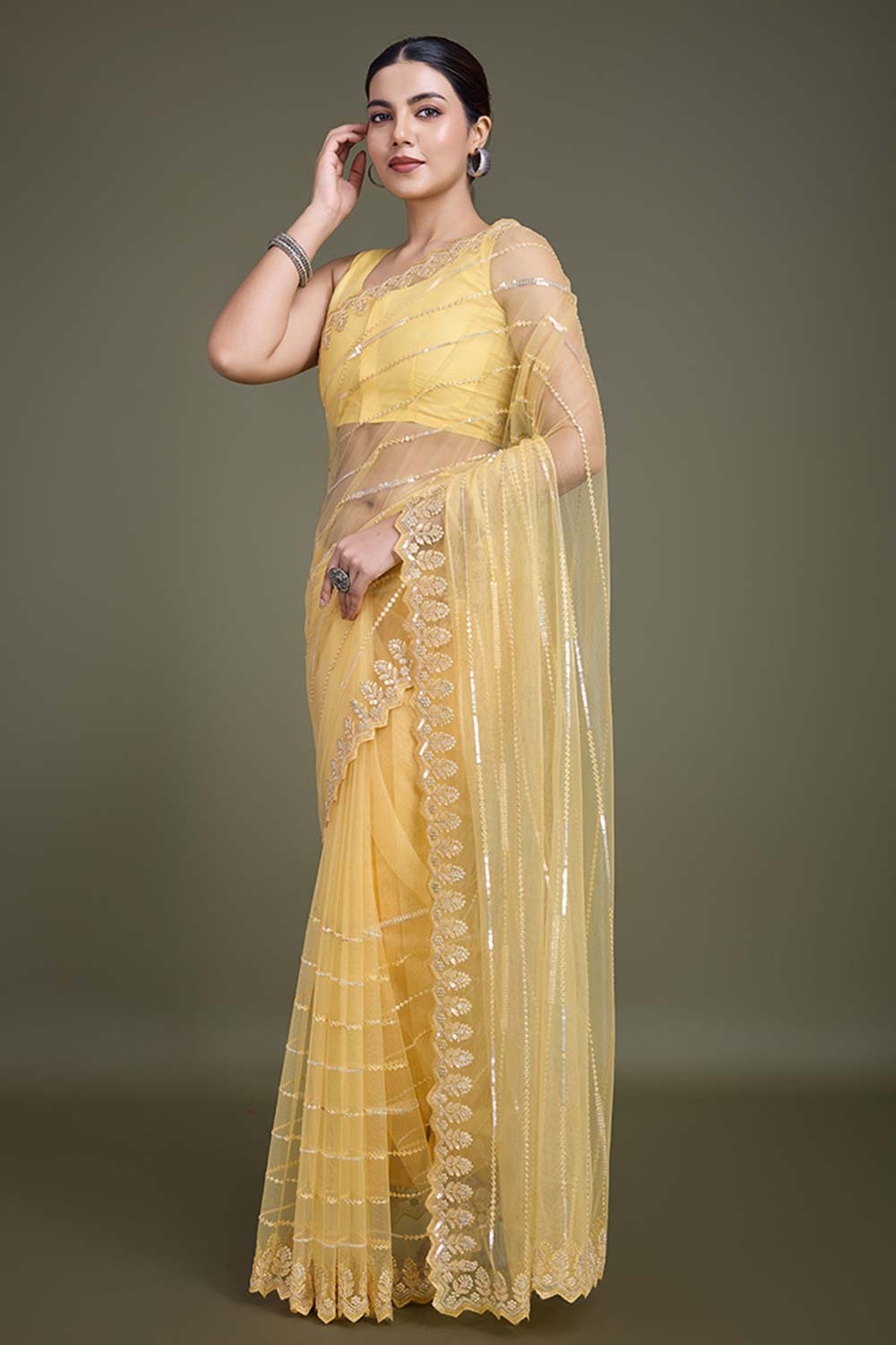 Glamorous Yellow Sequin Work Soft Net Saree With Unstitched Blouse Piece