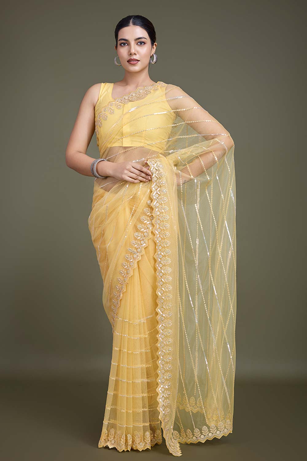 Glamorous Yellow Sequin Work Soft Net Saree With Unstitched Blouse Piece