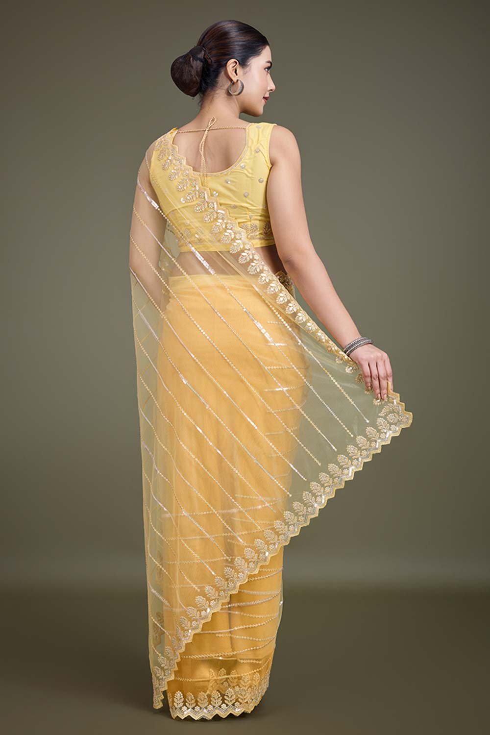 Glamorous Yellow Sequin Work Soft Net Saree With Unstitched Blouse Piece