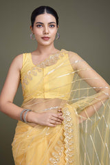 Glamorous Yellow Sequin Work Soft Net Saree With Unstitched Blouse Piece