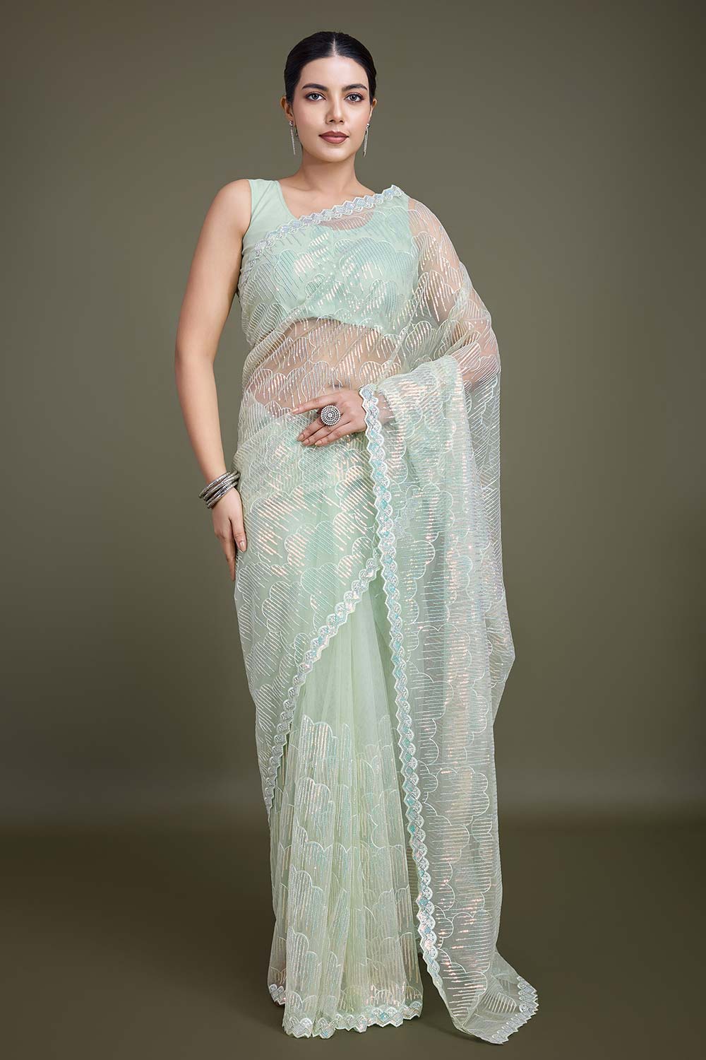 Light Green Soft Net Partywear Saree