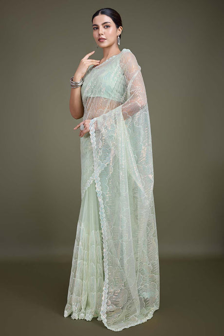 Light Green Soft Net Partywear Saree