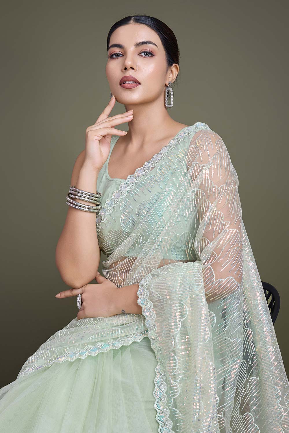 Light Green Soft Net Partywear Saree