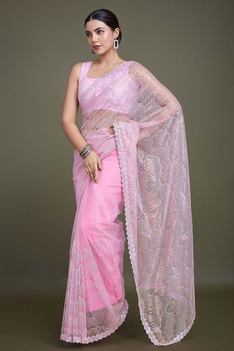 Light Pink Soft Net Partywear Saree