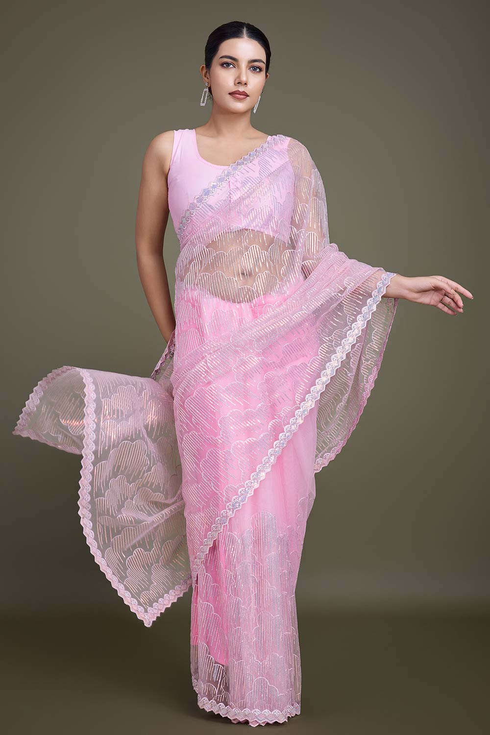 Light Pink Soft Net Partywear Saree