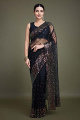 Black Soft Net Saree with Sequin Embellished Border and Pallu