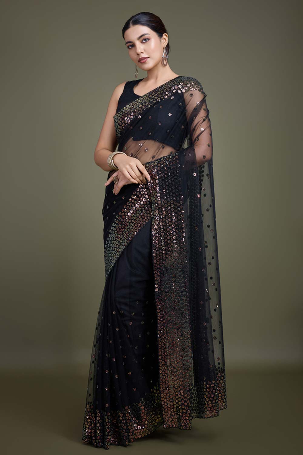 Black Soft Net Saree with Sequin Embellished Border and Pallu