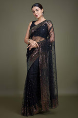 Black Soft Net Saree with Sequin Embellished Border and Pallu