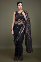 Black Soft Net Saree with Sequin Embellished Border and Pallu