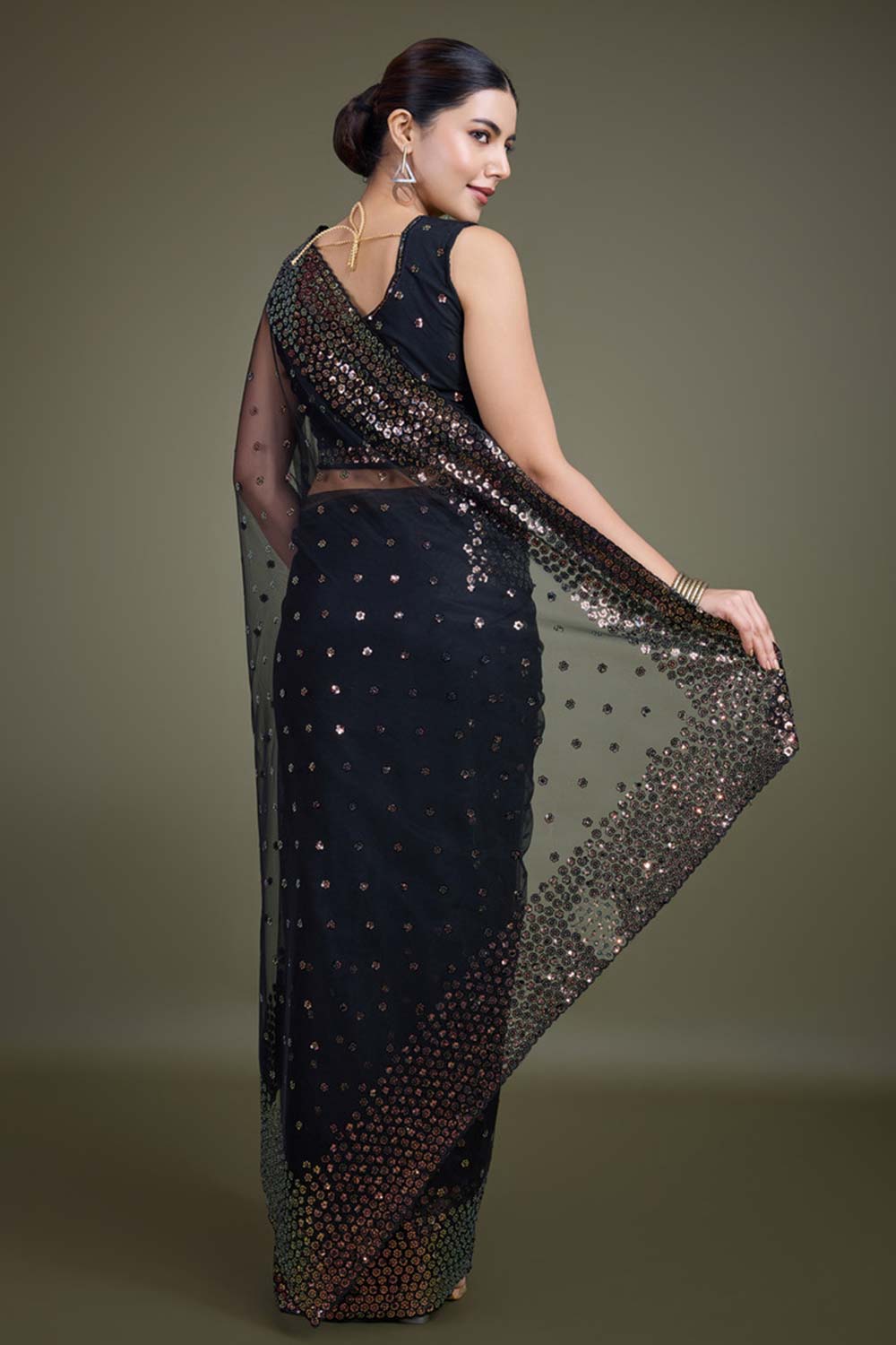 Black Soft Net Saree with Sequin Embellished Border and Pallu