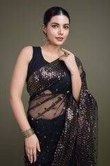 Black Soft Net Saree with Sequin Embellished Border and Pallu