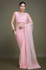 Light Pink Soft Net Saree with Sequin Embellished Border and Pallu