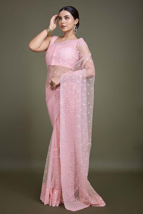 Light Pink Soft Net Saree with Sequin Embellished Border and Pallu