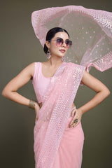 Light Pink Soft Net Saree with Sequin Embellished Border and Pallu